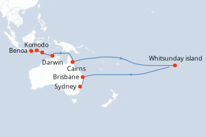 Carte itinéraire croisière - 14 jours au départ de Benoa - Australie Nouvelle Zélande