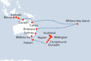 Carte itinéraire croisière - 28 jours au départ de Benoa - Australie Nouvelle Zélande