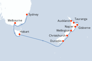 Carte itinéraire croisière - 14 jours au départ de Sydney - Australie Nouvelle Zélande