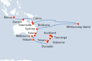 Carte itinéraire croisière  - 28 jours au départ de Auckland - Asie