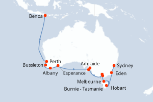 Carte itinéraire croisière - 21 jours au départ de Benoa - Australie Nouvelle Zélande