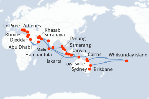 Carte itinéraire croisière - 62 jours au départ de Sydney - Méditerranée