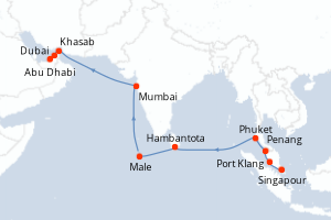 Carte itinéraire croisière - 16 jours au départ de Singapour - Moyen-Orient Dubaï