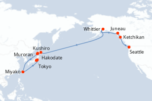 Carte itinéraire croisière  - 20 jours au départ de Seattle - Asie