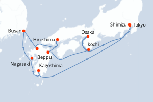 Carte itinéraire croisière  - 12 jours au départ de Tokyo - Asie