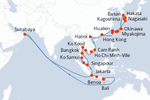 Carte itinéraire croisière  - 36 jours au départ de Hong Kong - Asie
