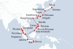 Carte itinéraire croisière  - 33 jours au départ de Benoa - Asie