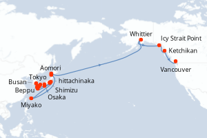 Carte itinéraire croisière  - 30 jours au départ de Tokyo - Alaska