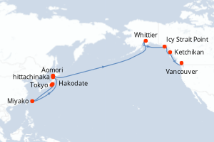 Carte itinéraire croisière  - 18 jours au départ de Tokyo - Alaska