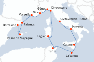 Carte itinéraire croisière - 14 jours au départ de Civitavecchia - Rome - Méditerranée