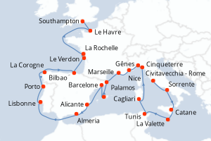 Carte itinéraire croisière - 26 jours au départ de Civitavecchia - Rome - Europe du Nord