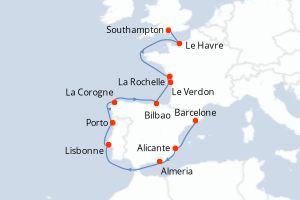 Carte itinéraire croisière - 12 jours au départ de Barcelone - Europe du Nord