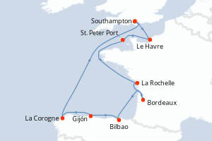 Carte itinéraire croisière - 12 jours au départ de Southampton - Europe du Nord