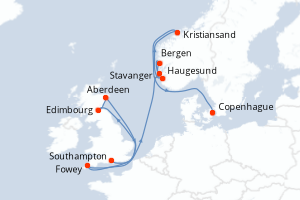 Carte itinéraire croisière - 10 jours au départ de Southampton - Europe du Nord