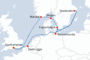 Carte itinéraire croisière  - 12 jours au départ de Southampton - Europe du Nord