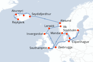 Carte itinéraire croisière - 22 jours au départ de Southampton - Europe du Nord