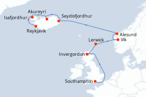 Carte itinéraire croisière - 10 jours au départ de Southampton - Europe du Nord