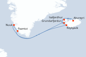 Carte itinéraire croisière - 11 jours au départ de Reykjavik - Europe du Nord