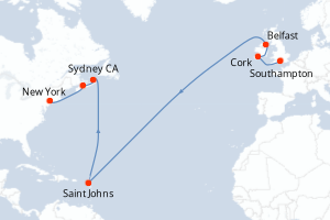 Carte itinéraire croisière - 14 jours au départ de Southampton - Transatlantique