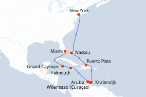 Carte itinéraire croisière - 14 jours au départ de New York - Caraïbes Bahamas