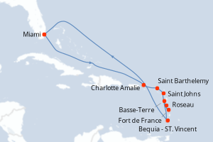 Carte itinéraire croisière - 12 jours au départ de Miami - Caraïbes Bahamas