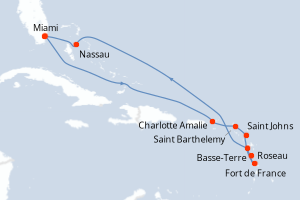 Carte itinéraire croisière - 12 jours au départ de Miami - Caraïbes Bahamas