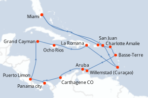 Carte itinéraire croisière  - 24 jours au départ de Miami - Caraïbes Bahamas