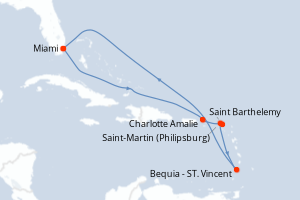 Carte itinéraire croisière - 9 jours au départ de Miami - Caraïbes Bahamas