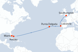 Carte itinéraire croisière - 14 jours au départ de Miami - Transatlantique