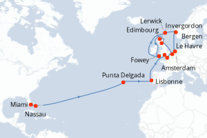 Carte itinéraire croisière  - 24 jours au départ de Miami - Transatlantique