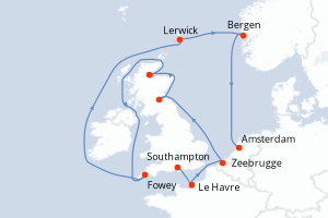 Carte itinéraire croisière - 10 jours au départ de Southampton - Europe du Nord