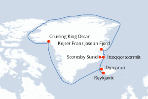 Carte itinéraire croisière  - 15 jours au départ de Reykjavik - Europe du Nord