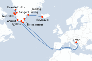 Carte itinéraire croisière - 13 jours au départ de Reykjavik - Gröenland