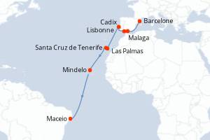 Carte itinéraire croisière - 16 jours au départ de Barcelone - Transatlantique