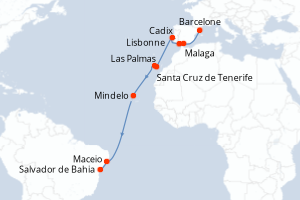 Carte itinéraire croisière - 17 jours au départ de Barcelone - Transatlantique