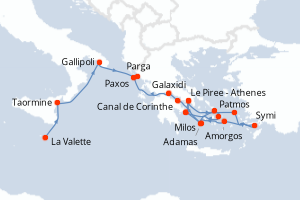 Carte itinéraire croisière La Valette Le Piree Athenes. - 16 jours au départ de La Valette - Méditerranée