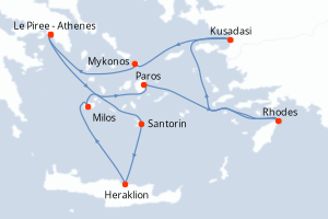 Carte itinéraire croisière  - 9 jours au départ de Le Piree - Athenes - Méditerranée