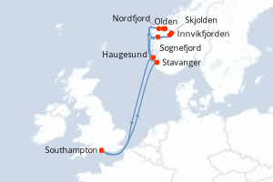 Carte itinéraire croisière - 7 jours au départ de Southampton - Europe du Nord