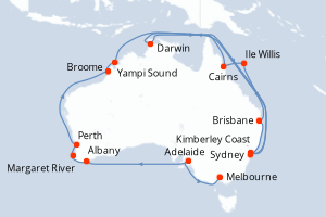 Carte itinéraire croisière - 24 jours au départ de Melbourne - Australie Nouvelle Zélande