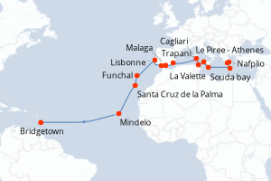 Carte itinéraire croisière D Athènes à Bridgetown - 28 jours au départ de Le Piree - Athenes - Transatlantique