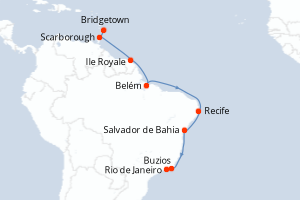 Carte itinéraire croisière - 13 jours au départ de Bridgetown - Amérique du Sud