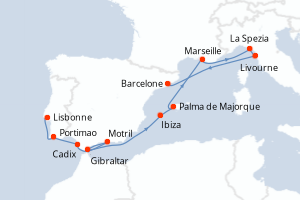 Carte itinéraire croisière - 11 jours au départ de Lisbonne - Méditerranée