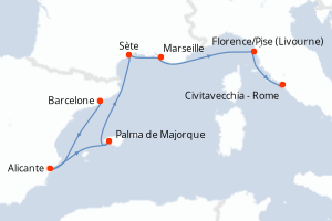 Carte itinéraire croisière - 7 jours au départ de Barcelone - Méditerranée