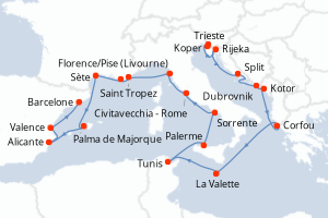 Carte itinéraire croisière - 21 jours au départ de Trieste - Méditerranée
