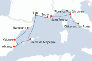 Carte itinéraire croisière - 9 jours au départ de Civitavecchia - Rome - Méditerranée