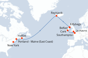 Carte itinéraire croisière - 16 jours au départ de New York - Transatlantique