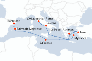 Carte itinéraire croisière - 10 jours au départ de Civitavecchia - Rome - Méditerranée