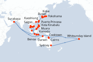 Carte itinéraire croisière - 51 jours au départ de Sydney - Asie