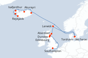 Carte itinéraire croisière  - 12 jours au départ de Reykjavik - Europe du Nord