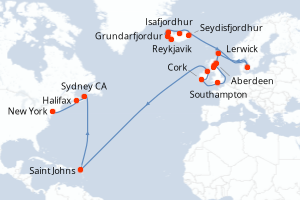 Carte itinéraire croisière  - 26 jours au départ de Reykjavik - Amérique du Nord